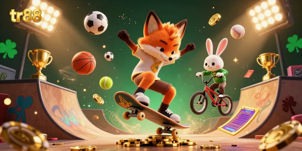 Experience the thrill of betting with tr88 in this vibrant 3D illustration of a fox and rabbit in action.