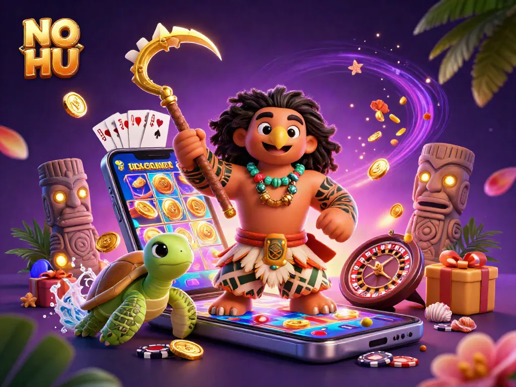 NO HU features exciting slots and jackpot games in a vibrant casino setting with engaging characters.