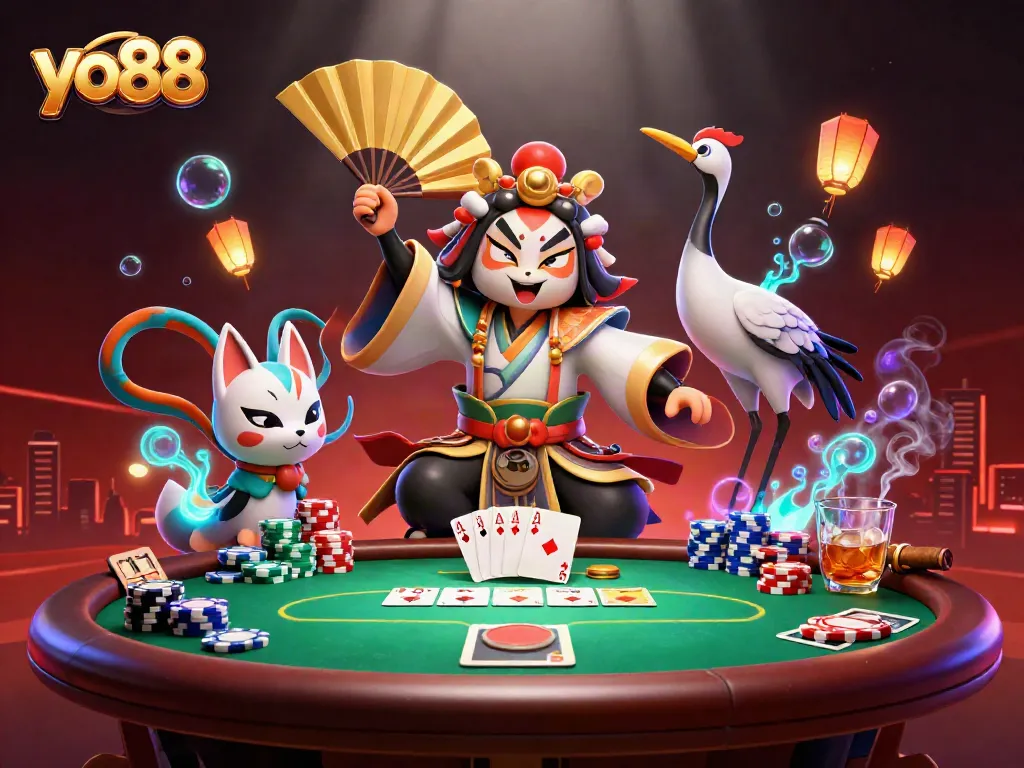 Experience thrilling poker action with yo88, featuring a kabuki warrior and vibrant game elements.