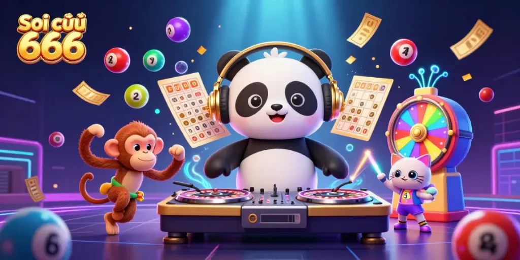 Soi cầu 666 engages players through a vibrant 3D illustration with DJ panda, breakdancing monkey, and glowing kitten.