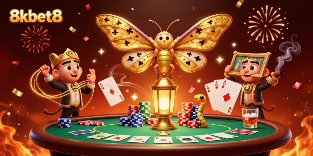 Engage with vibrant casino scenes featuring 8xbet8 and a majestic atlas moth illustration.