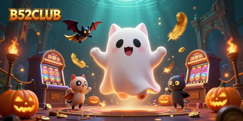 Engage in the thrilling B52CLUB experience with a ghost cat in a haunted casino.