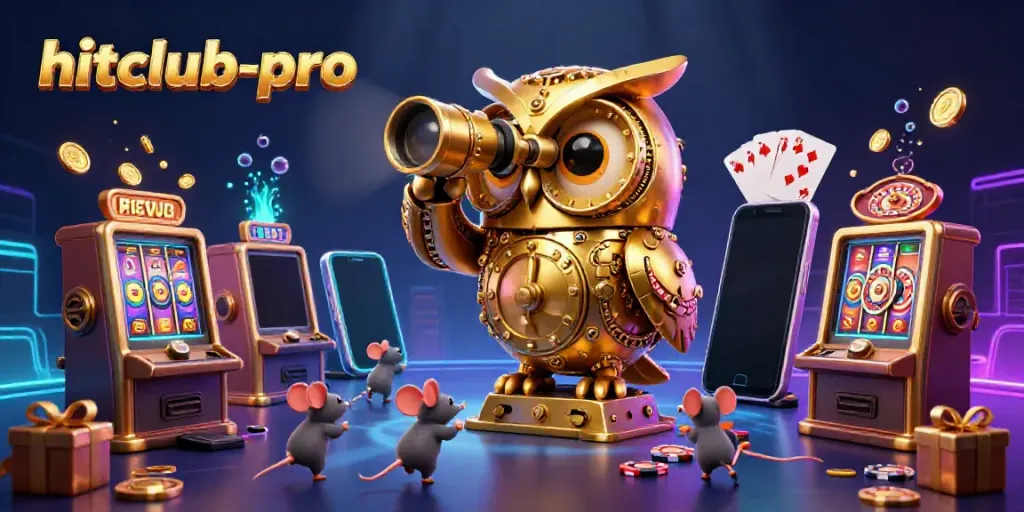 Experience thrill at hitclub-pro with a vibrant, animated casino scene featuring a golden owl and playful mice.