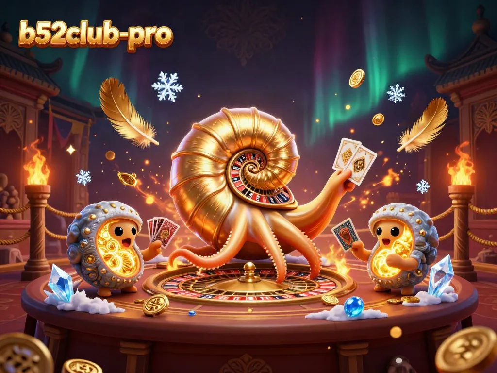 Engaging scene showcasing b52club-pro with an ancient nautilus as a roulette wheel, vibrant casino elements.