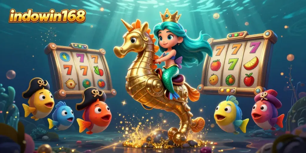 Menangkan permainan slot dengan indowin168 di ilustrasi mermaid yang menawan dan simbol keberuntungan.