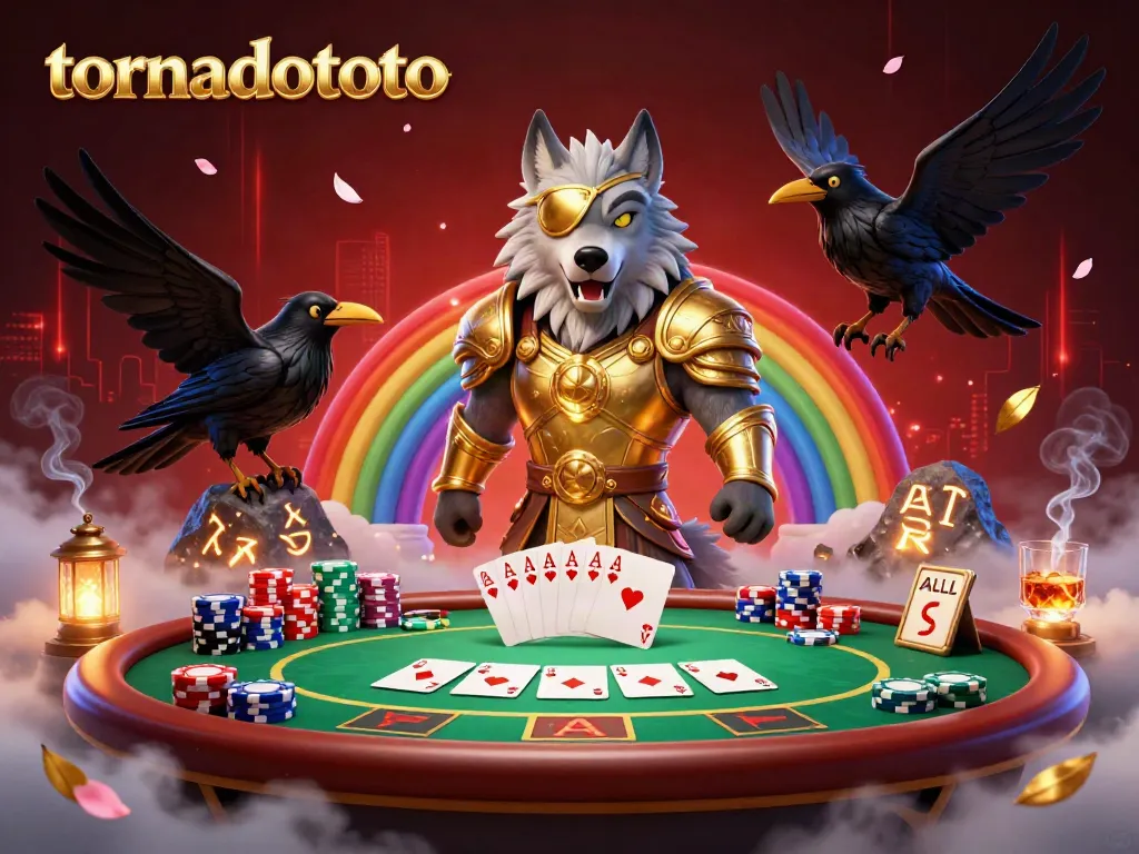 Experience the thrill at tornadototo with a dynamic 3D casino scene featuring Odin and ravens, surrounded by poker elements.