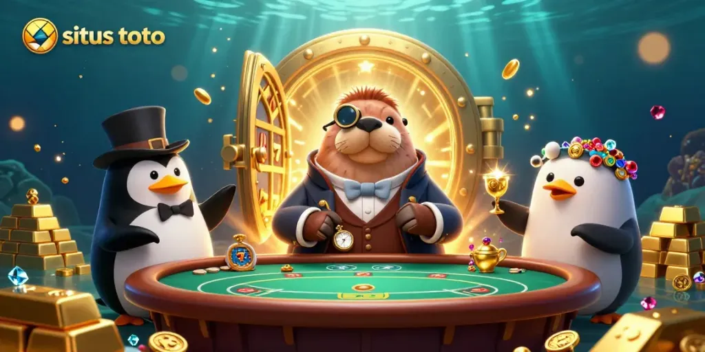 Bet on situs toto with a joyful walrus poker game scene featuring captivating casino elements.