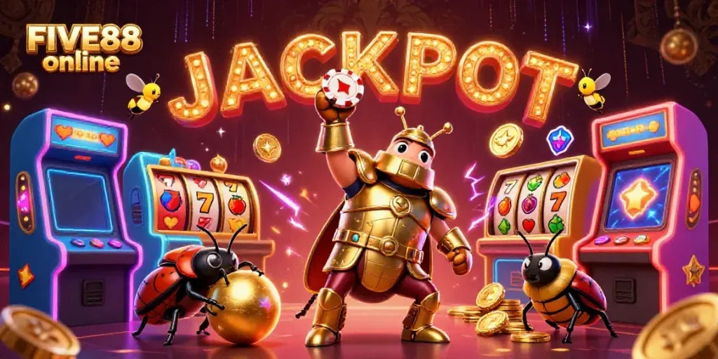 Celebrate wins with FIVE88 online featuring a beetle hero and vibrant casino atmosphere.