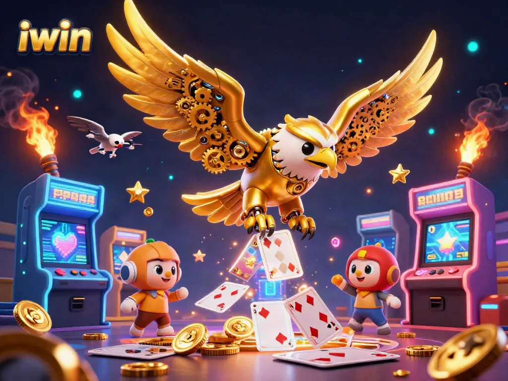 Engage in high-stakes gaming with iwin's vibrant 3D casino illustration featuring golden eagles and arcade machines.