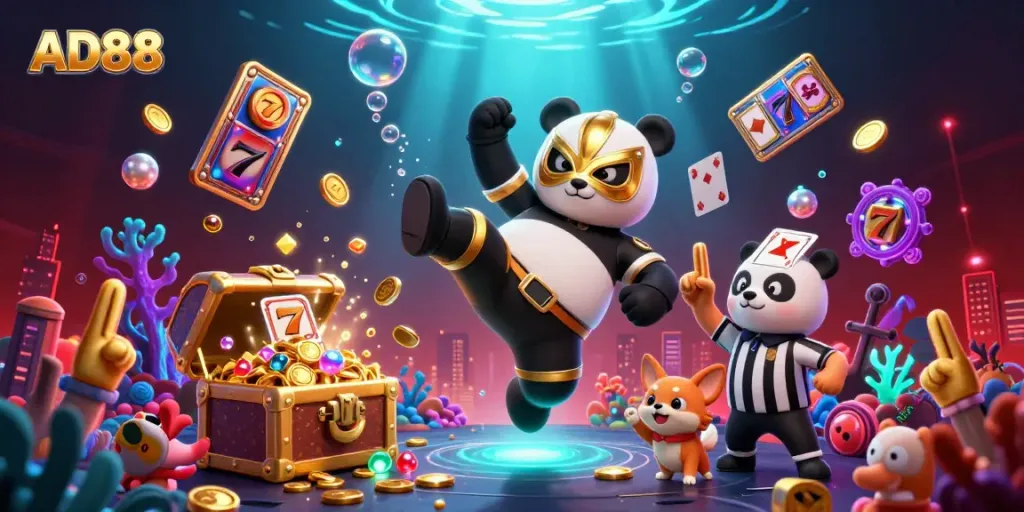 Witness the excitement at AD88 with a panda wrestler performing stunts amid floating slot reels and a vivid underwater backdrop.