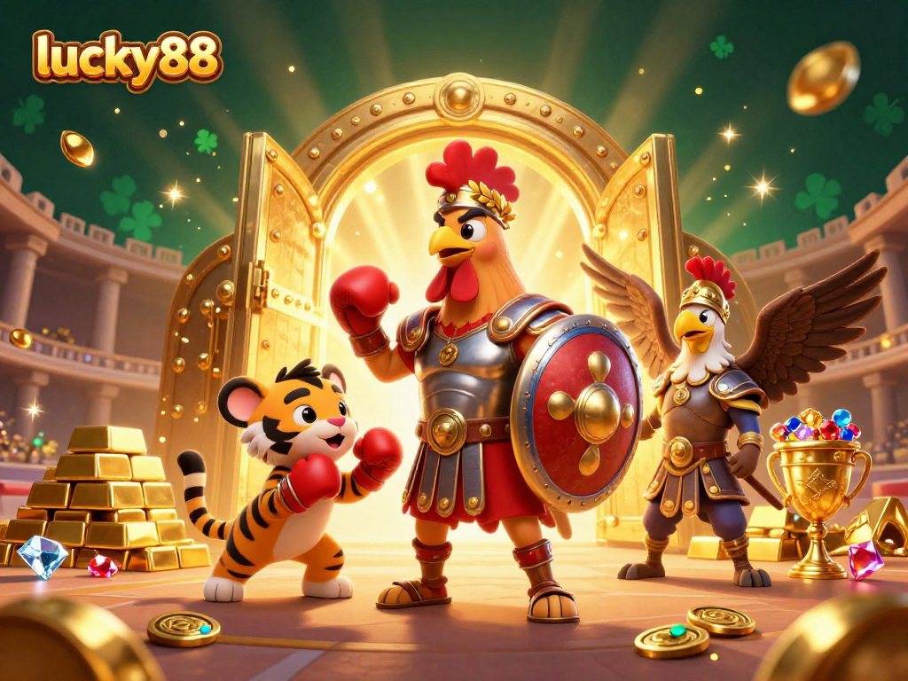 Experience exhilarating wins at lucky88 with vibrant casino-themed illustration showcasing gold treasures and dynamic characters.
