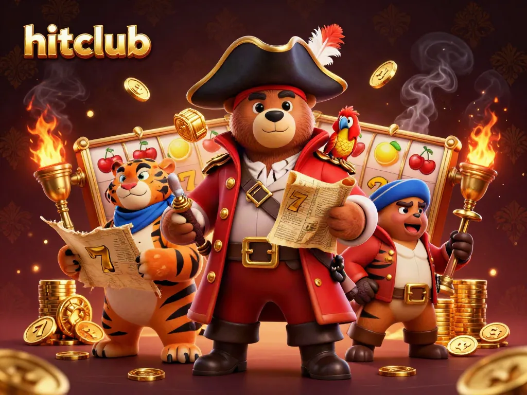 Experience thrilling slots with hitclub featuring a pirate bear and friends in a vibrant, dynamic casino scene.