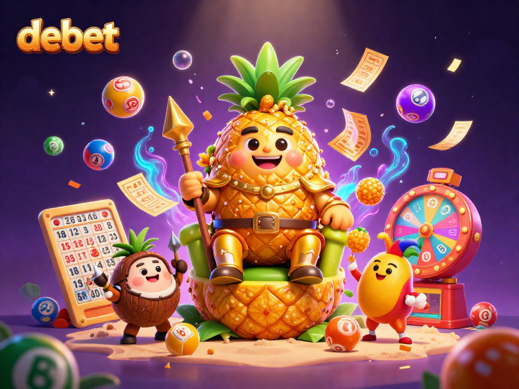 Play casino games with debet's golden pineapple king amidst colorful lottery balls and bingo symbols.