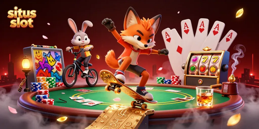 Experience the excitement of situs slot with a vivid 3D scene of a skateboarder fox and BMX rabbit among vibrant casino elements.