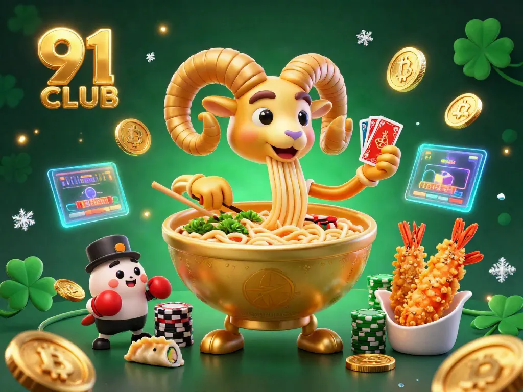 Celebrate gaming at 91 CLUB with a vibrant casino illustration of fun characters and crypto coins.