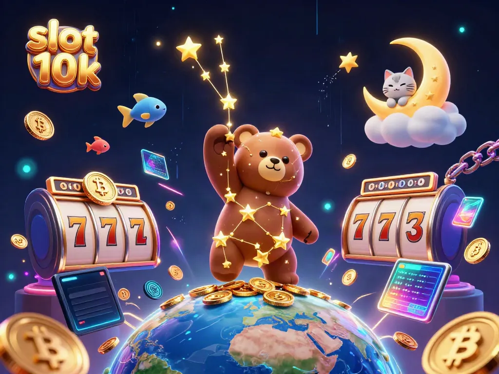 Experience excitement with slot 10k as the constellation bear collects gold coins amidst dynamic casino elements.