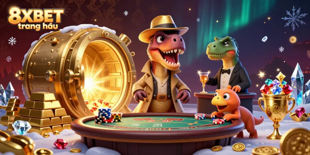 Experience excitement at 8XBET trang chủ with a vibrant cartoon scene featuring a velociraptor at a blackjack table.