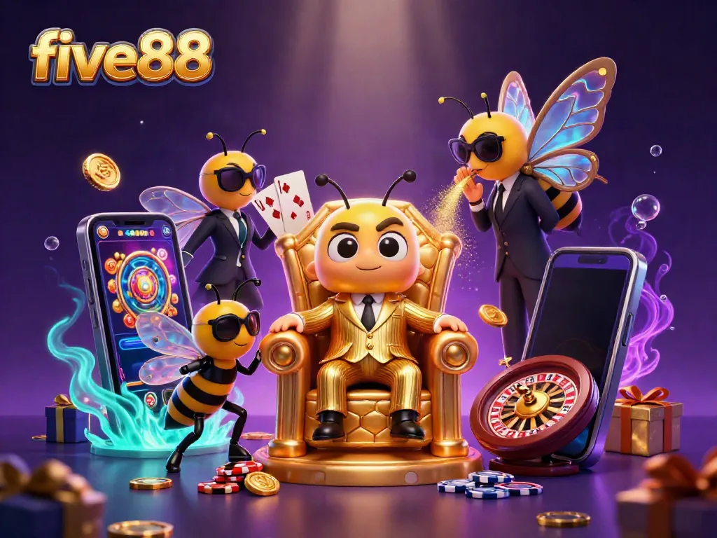 Engage in exciting gameplay with five88, featuring a dynamic 3D cartoon bumblebee mob boss, slot games, and vibrant casino elements.
