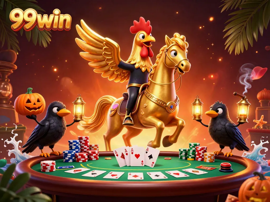 Experience the thrill of 99win at an electric midnight casino with a golden rooster riding a spectral horse.