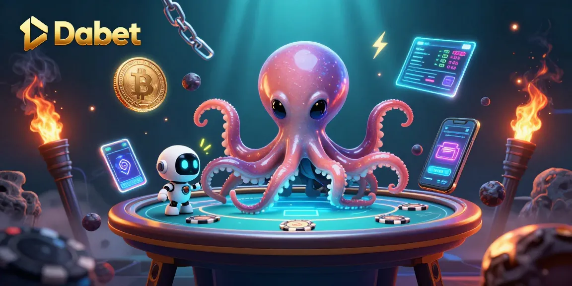 Dabet showcases a 3D cartoon octopus at a poker table surrounded by vibrant crypto elements.