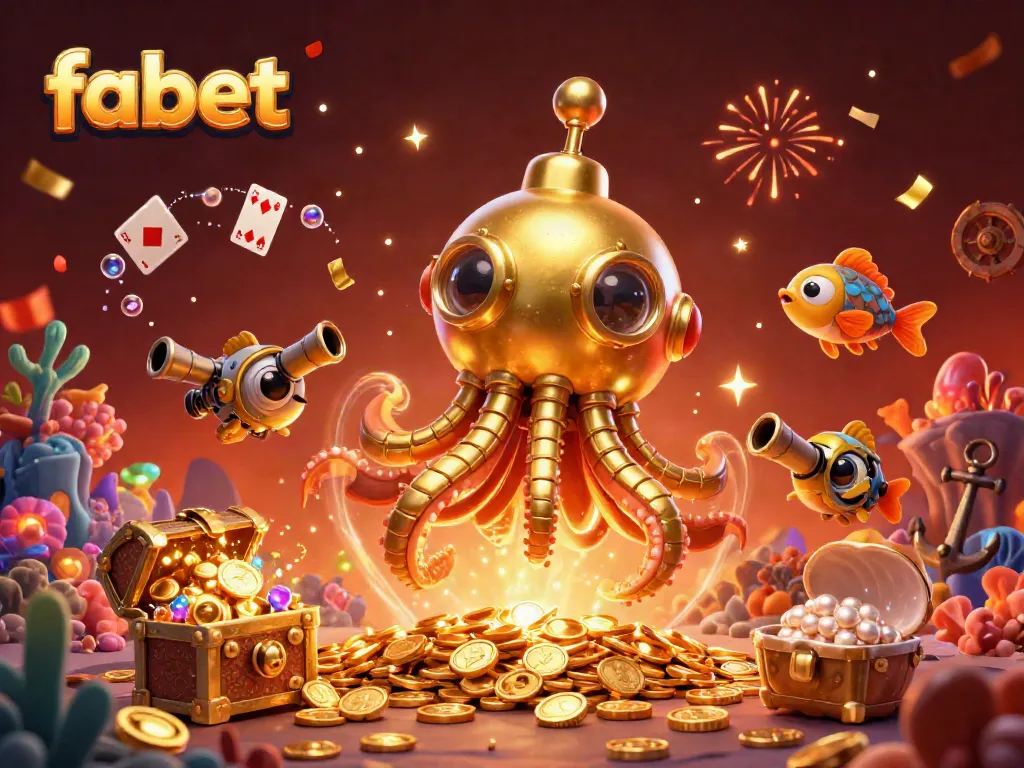 Engage in thrilling action at fabet with a vibrant 3D kraken submarine amidst golden coins.