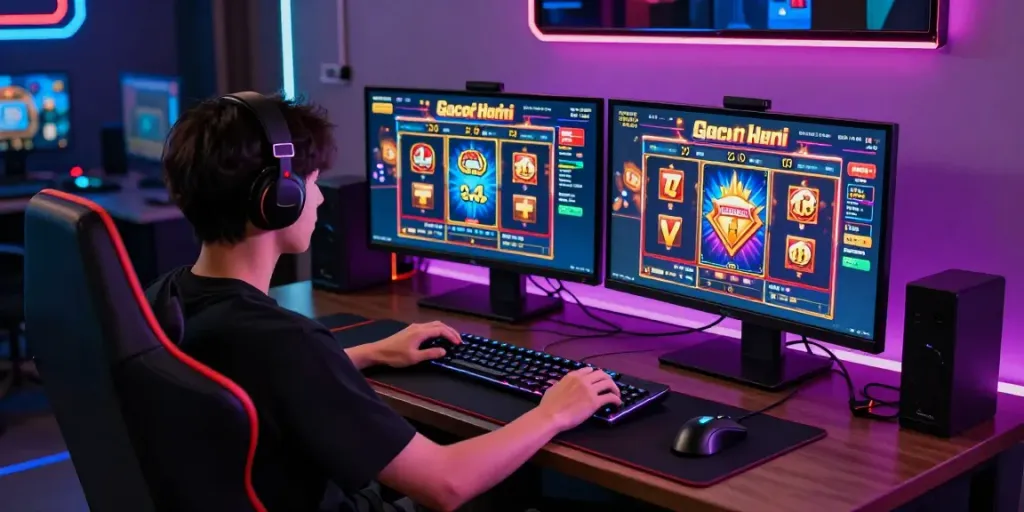 Engaging setup for slot gacor hari ini with dual screens, gaming gear, and vibrant atmosphere