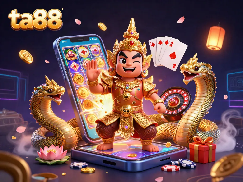 Engage in thrilling action at ta88 with a vibrant 3D casino scene featuring animated characters and popular game elements.